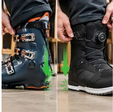 Fastening a ski boot and a snowboard boot