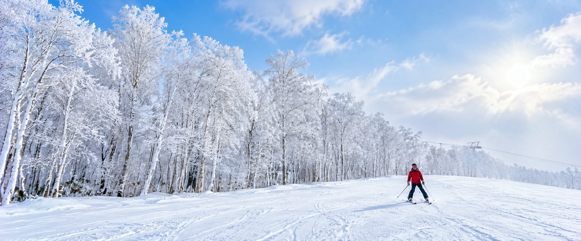 Skier on a snowy slope lined with frosted trees in Hokkaido