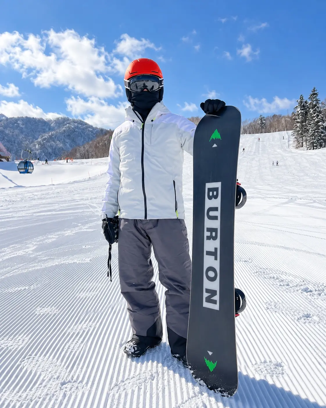 戴著安全帽、護目鏡與面罩，穿著滑雪服站在雪道上的單板滑雪者